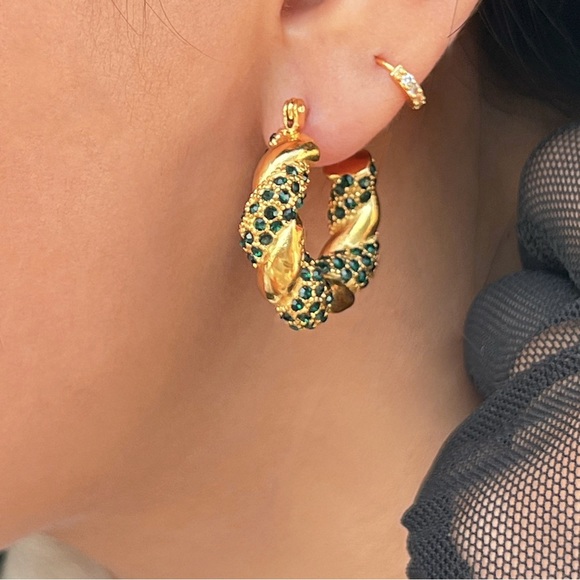 Gold Green Zircon Hoop Earrings*Waterproof Jewelry*Sweatproof - Picture 2 of 4